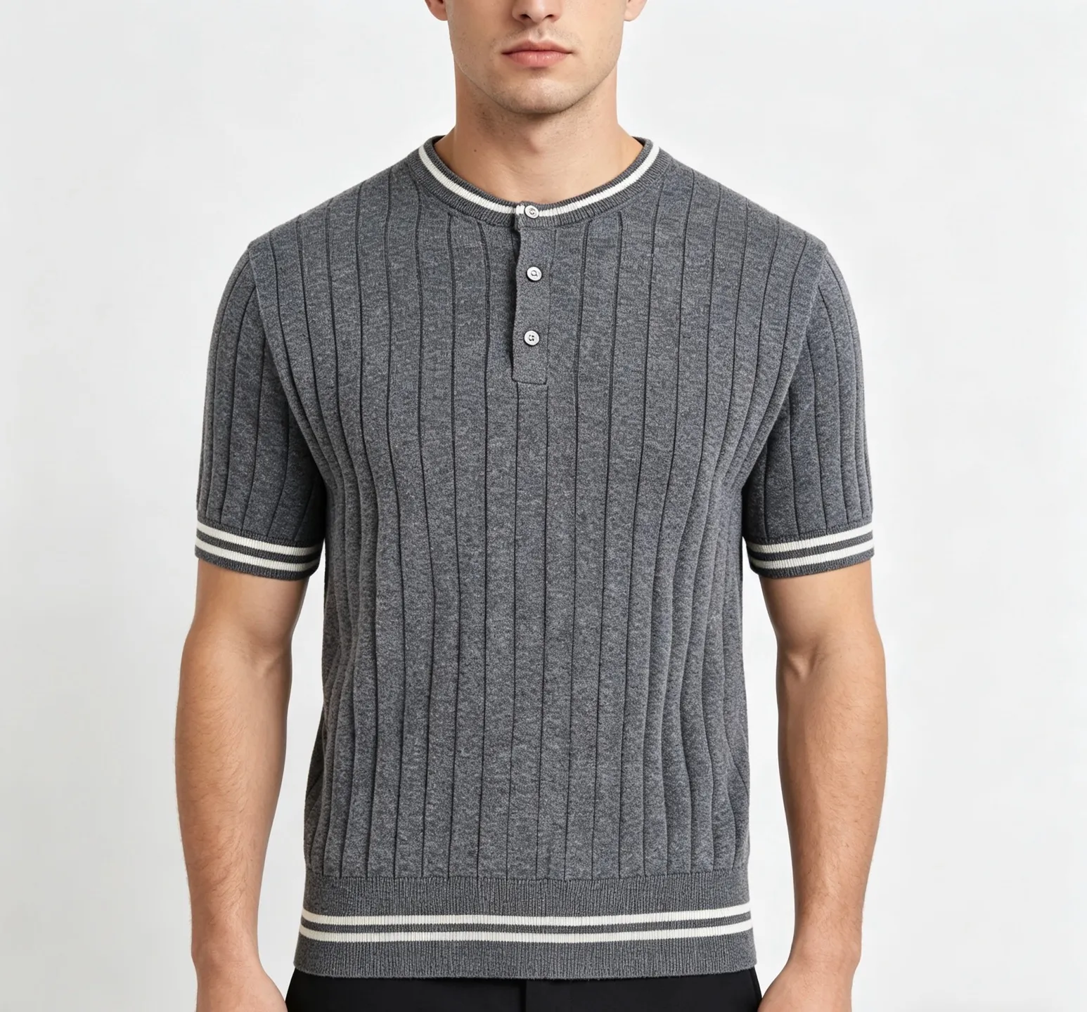 [Upper Body Picture] BC Old Money Style Cable Henley Collar Knitted Short Sleeves (Gray)